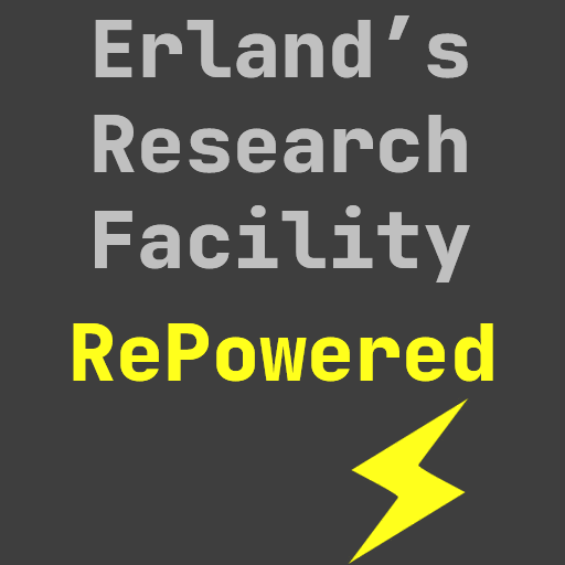 A logo with the name 'Erland Research Faciltiy RePowered' with a lightning bolt