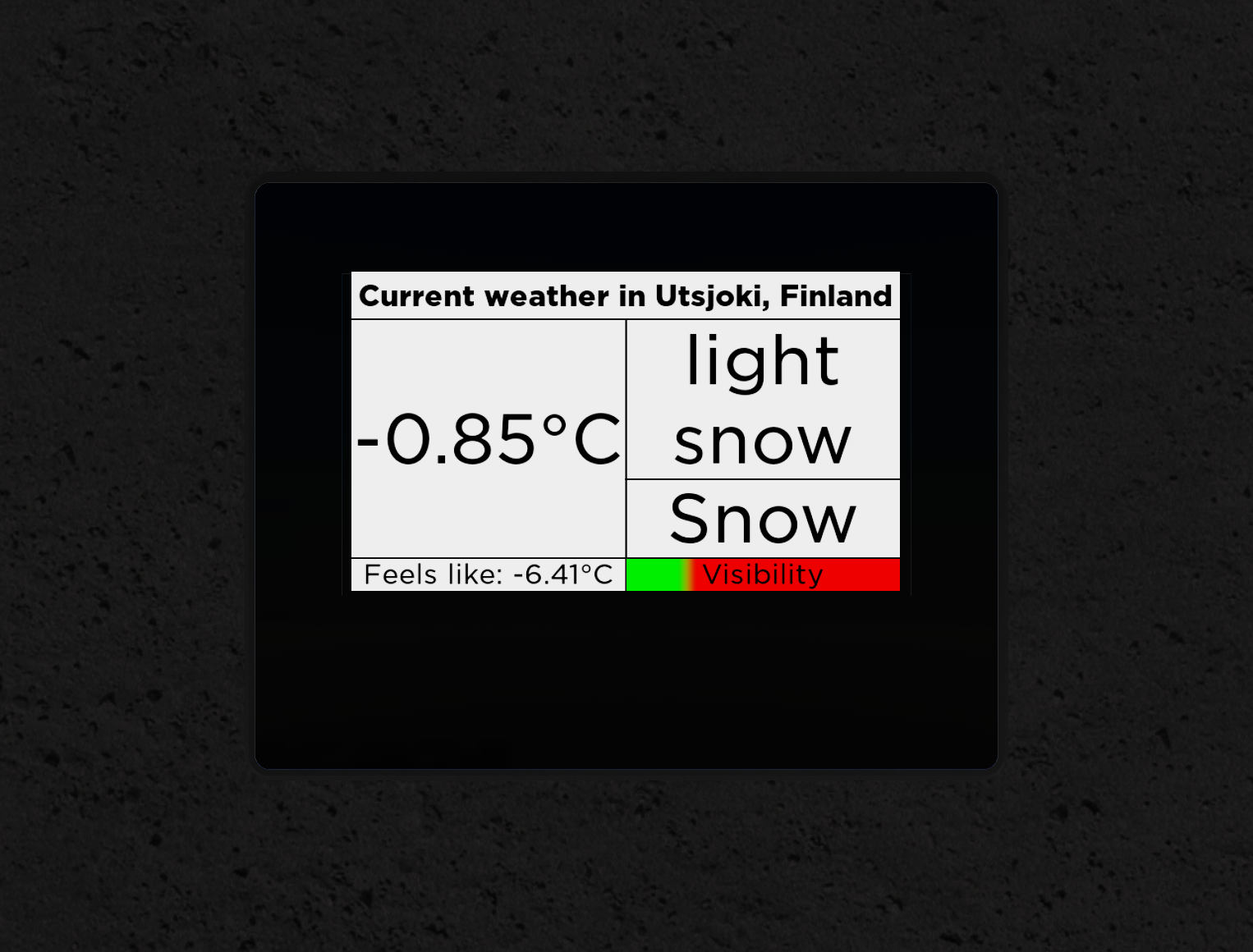 A weather screen showing the weather in Utsjoki, Finland including temperature, feels like temperature, rain and visibility