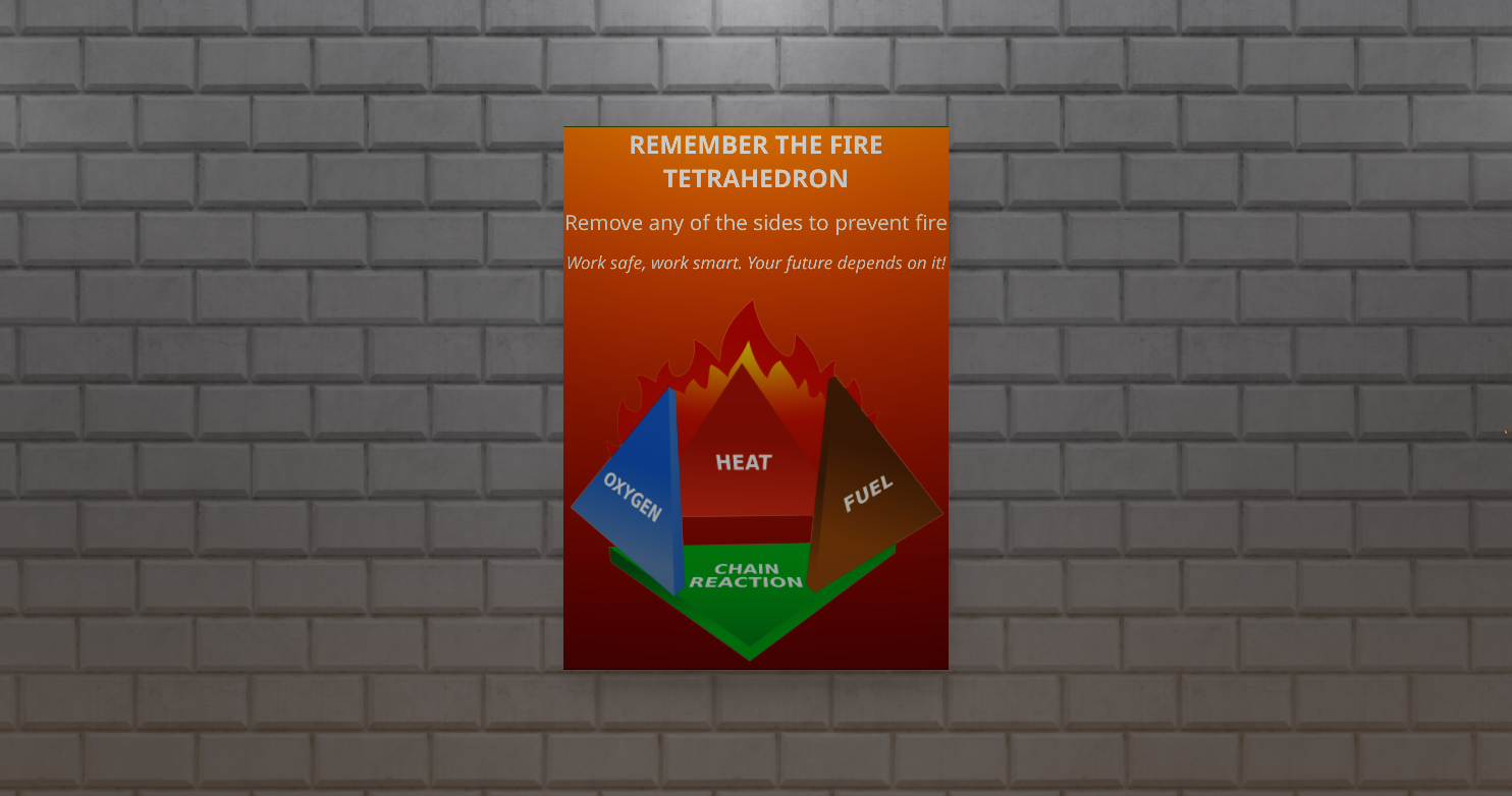 Poster with the title 'remember the fire tetrahedron' with it beneath. The slogan 'Work safe, Work smart. Your future depends on it' is beneath the title